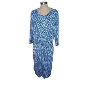 Lands' End Dress Women's Sz 3X Blue Geometric Midi Stretch Drawstring Waist